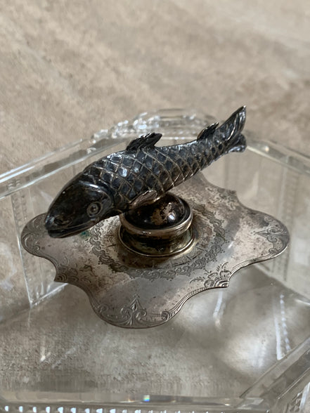 Victorian Pressed Glass Covered Box | Silver Plate Fish Finial Lid | Engraved Cartouche Mount | Octagonal Ribbed Body | circa 1880–1910 | Antique Tableware | Collector Glass