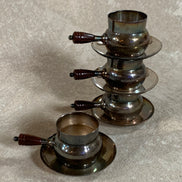 Set of Four French Silver-Plated Bouillon Cups with Wooden Handles and Saucers