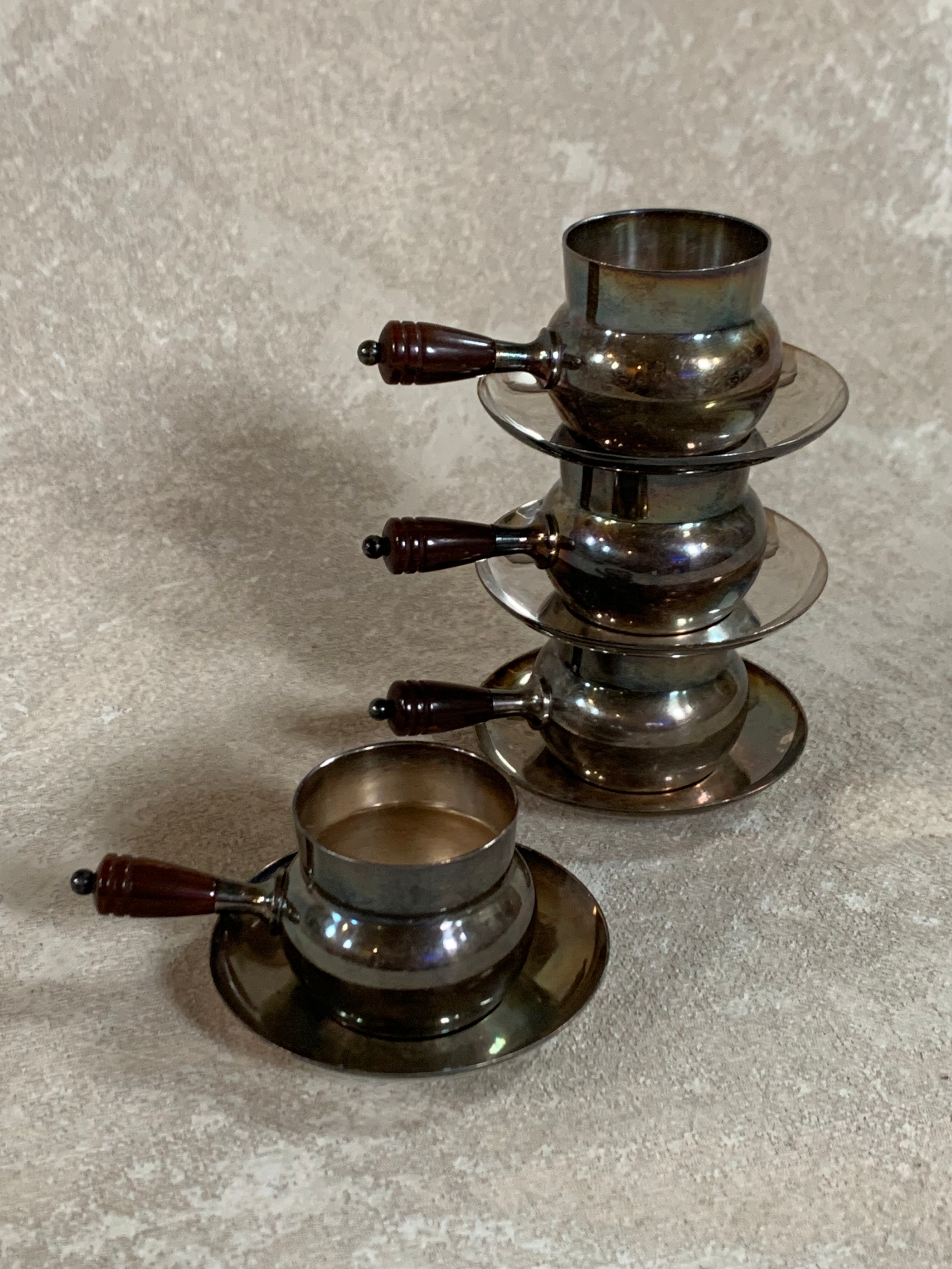 Set of Four French Silver-Plated Bouillon Cups with Wooden Handles and Saucers