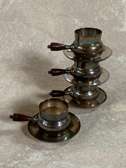 Set of Four French Silver-Plated Bouillon Cups with Wooden Handles and Saucers