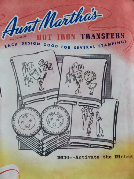 Vintage Aunt Martha's Hot Iron Transfer #3630 "Activate the Dishes," Animated Kitchen Embroidery Pattern