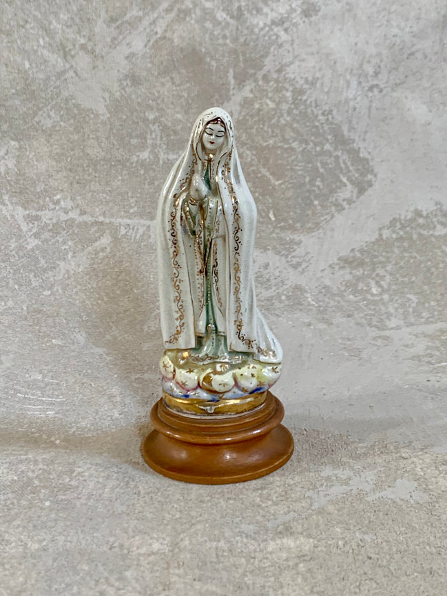 Mexican ceramic Our Lady of Fatima figurine in white crackle glaze with gold scrollwork — Jalisco, 1950s