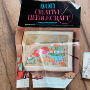Vintage Avon Creative Needlecraft Crewel Embroidery Kits, Noah's Ark & Piglets and Posies, Started, Set of 2 with Hoops & Yarn
