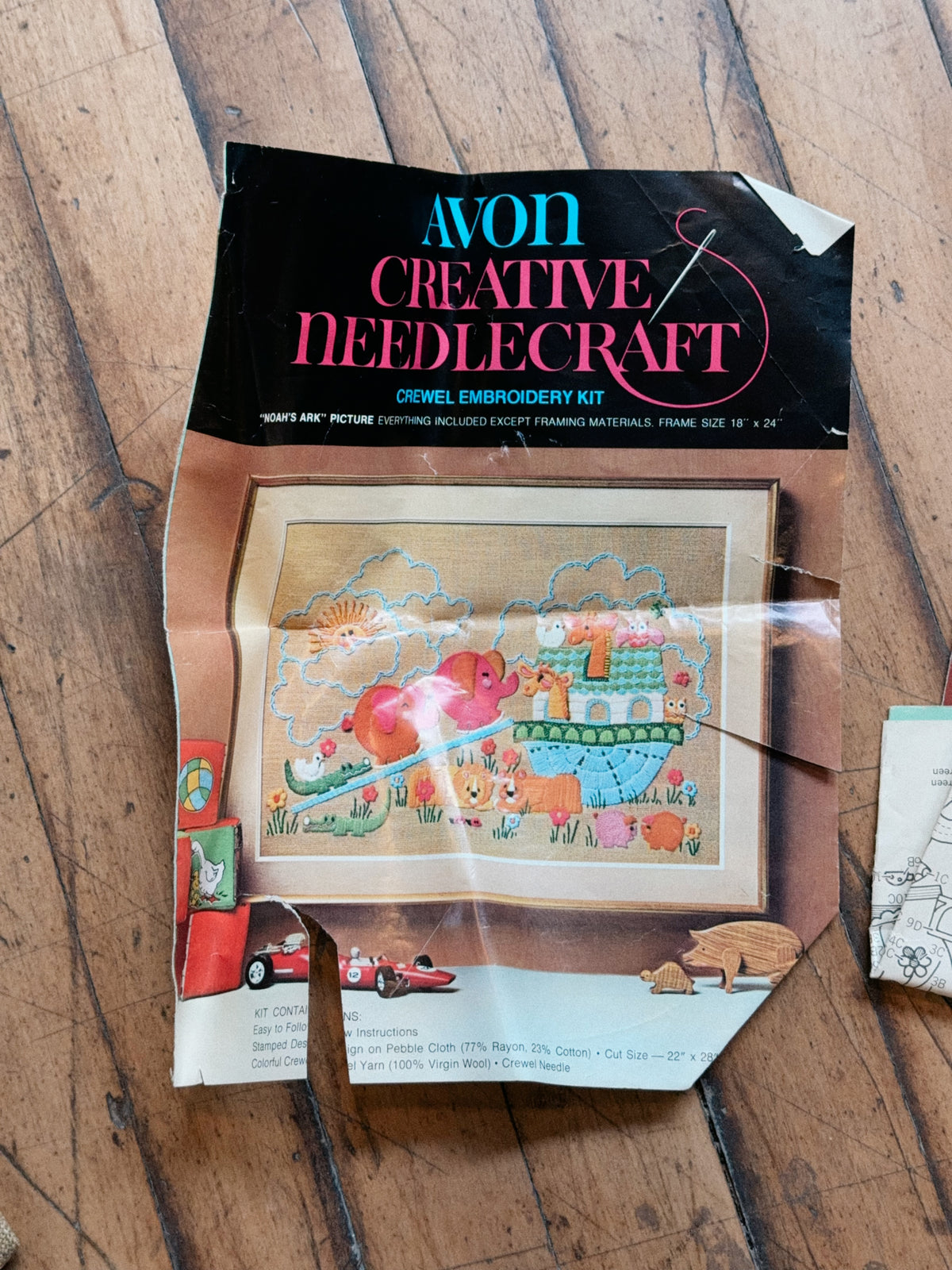 Vintage Avon Creative Needlecraft Crewel Embroidery Kits, Noah's Ark & Piglets and Posies, Started, Set of 2 with Hoops & Yarn