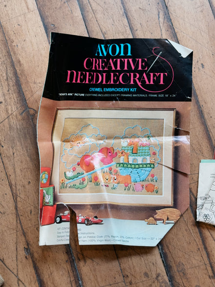 Vintage Avon Creative Needlecraft Crewel Embroidery Kits, Noah's Ark & Piglets and Posies, Started, Set of 2 with Hoops & Yarn