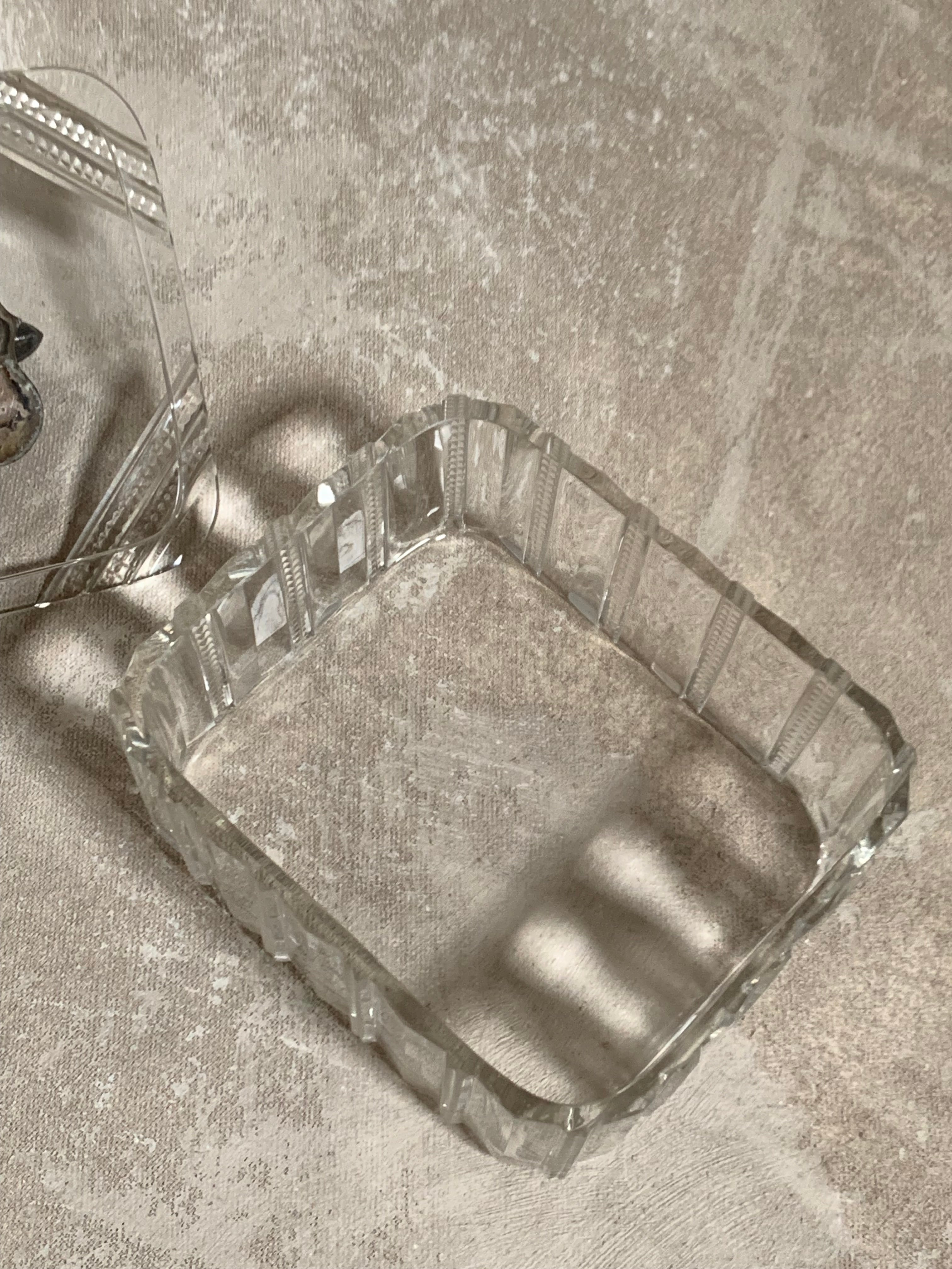 Victorian Pressed Glass Covered Box | Silver Plate Fish Finial Lid | Engraved Cartouche Mount | Octagonal Ribbed Body | circa 1880–1910 | Antique Tableware | Collector Glass