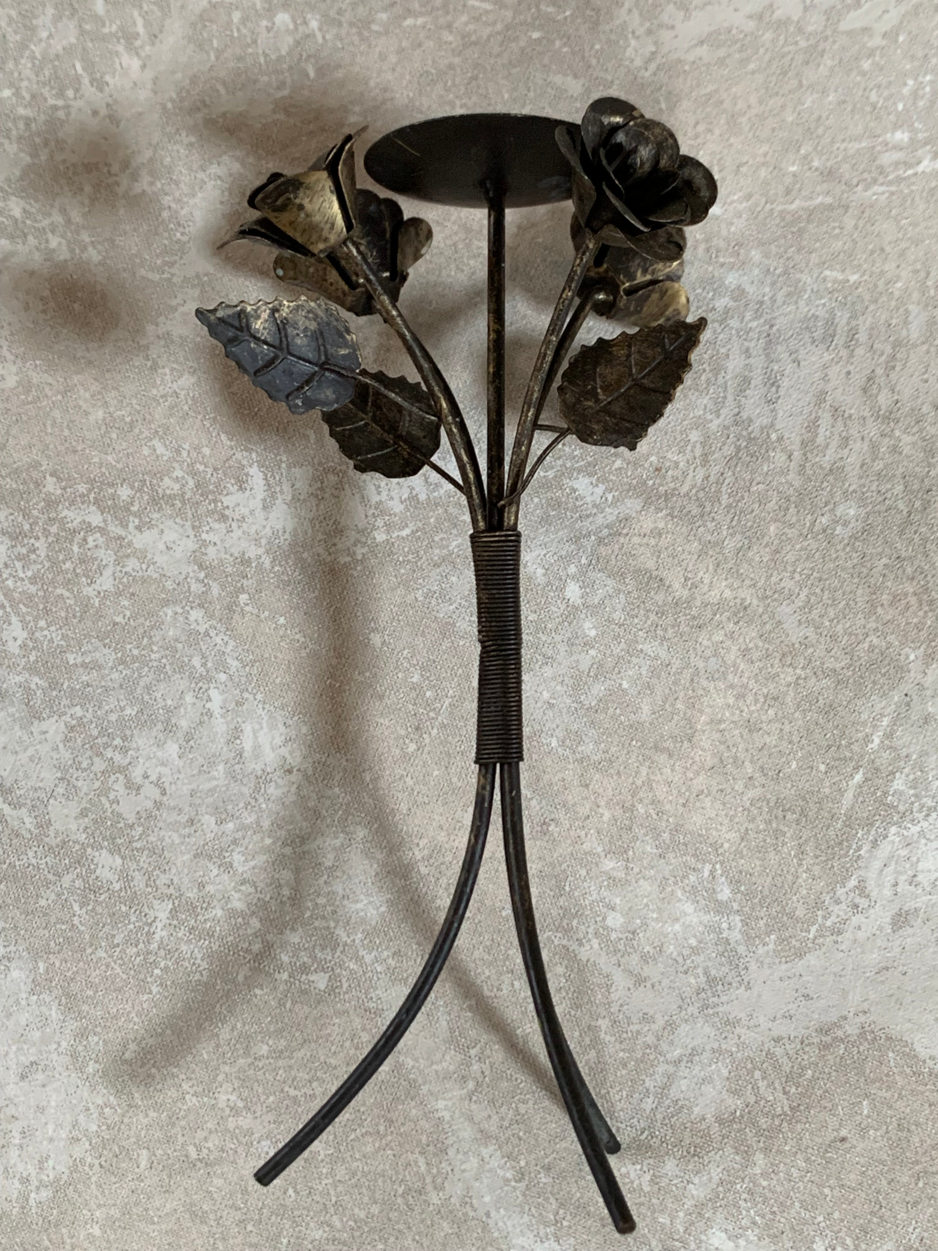 Hand-Fabricated Iron Rose Candleholder | Pillar Candle Spike | Tripod Bouquet Base | Wire-Wrapped Stem | Dark Patina | Folk Metalwork | Romantic Gothic Decor