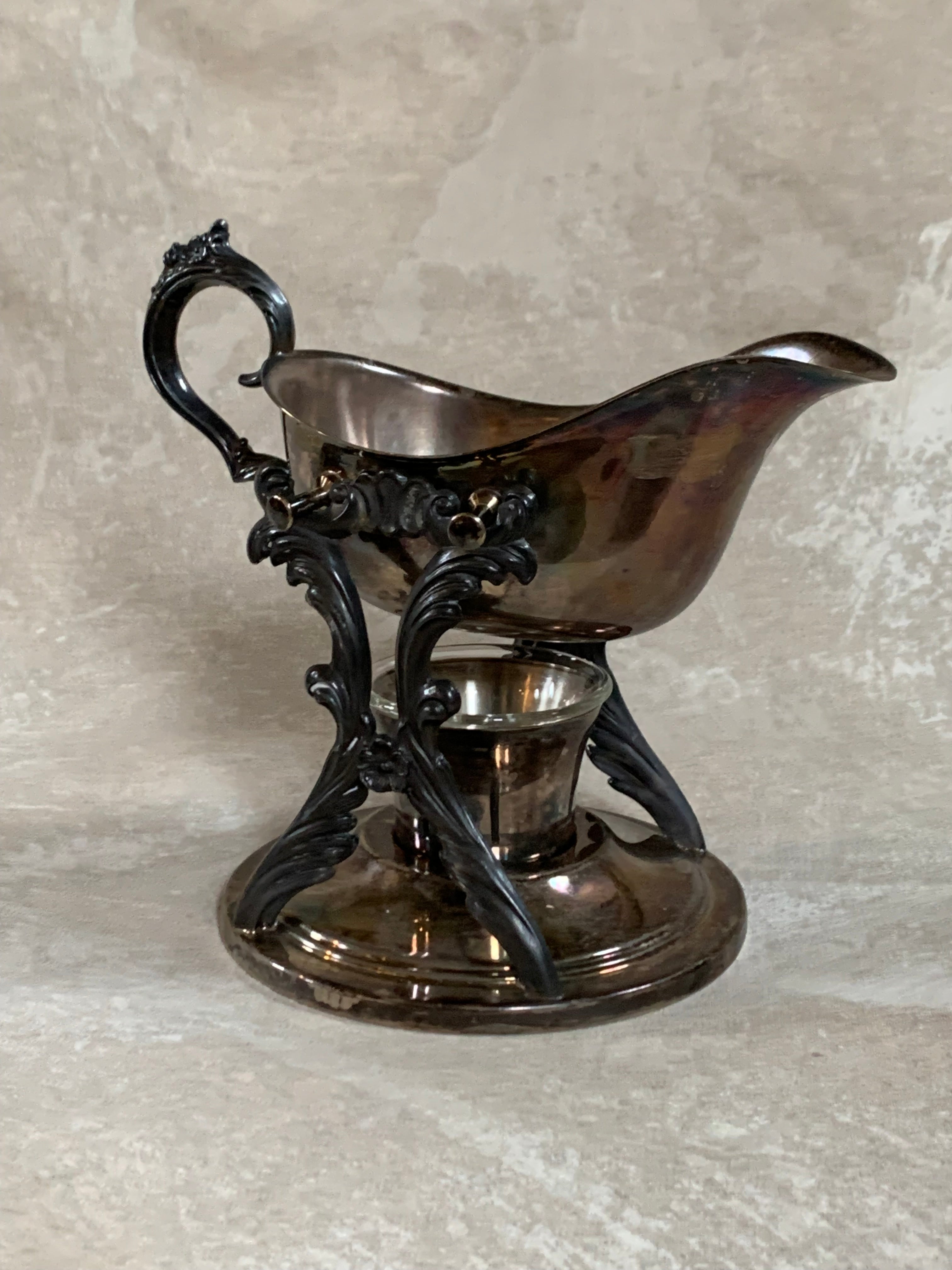F.B. Rogers Silver Co. Gravy Boat on Rococo Warming Stand, Complete