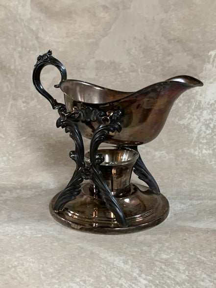 F.B. Rogers Silver Co. Gravy Boat on Rococo Warming Stand, Complete