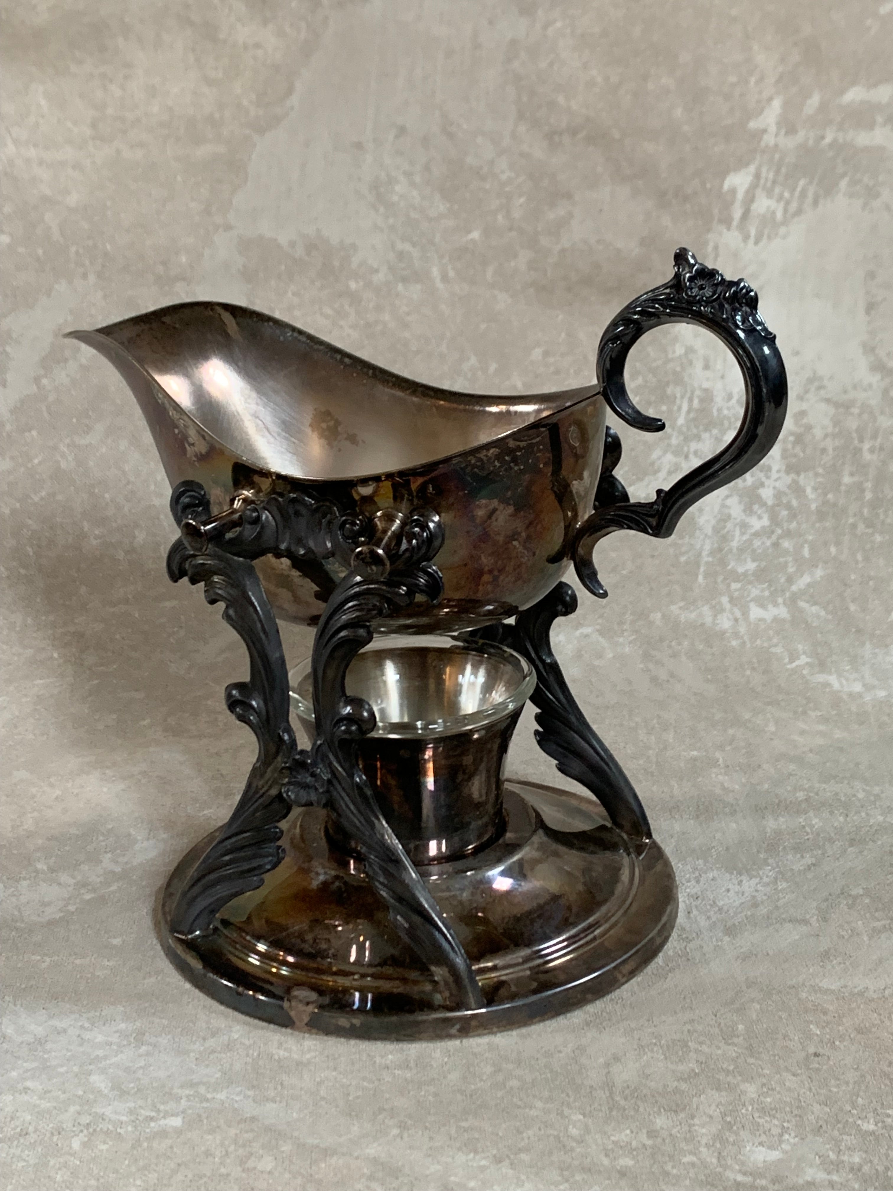F.B. Rogers Silver Co. Gravy Boat on Rococo Warming Stand, Complete