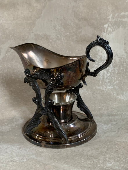 F.B. Rogers Silver Co. Gravy Boat on Rococo Warming Stand, Complete