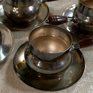 Set of Four French Silver-Plated Bouillon Cups with Wooden Handles and Saucers