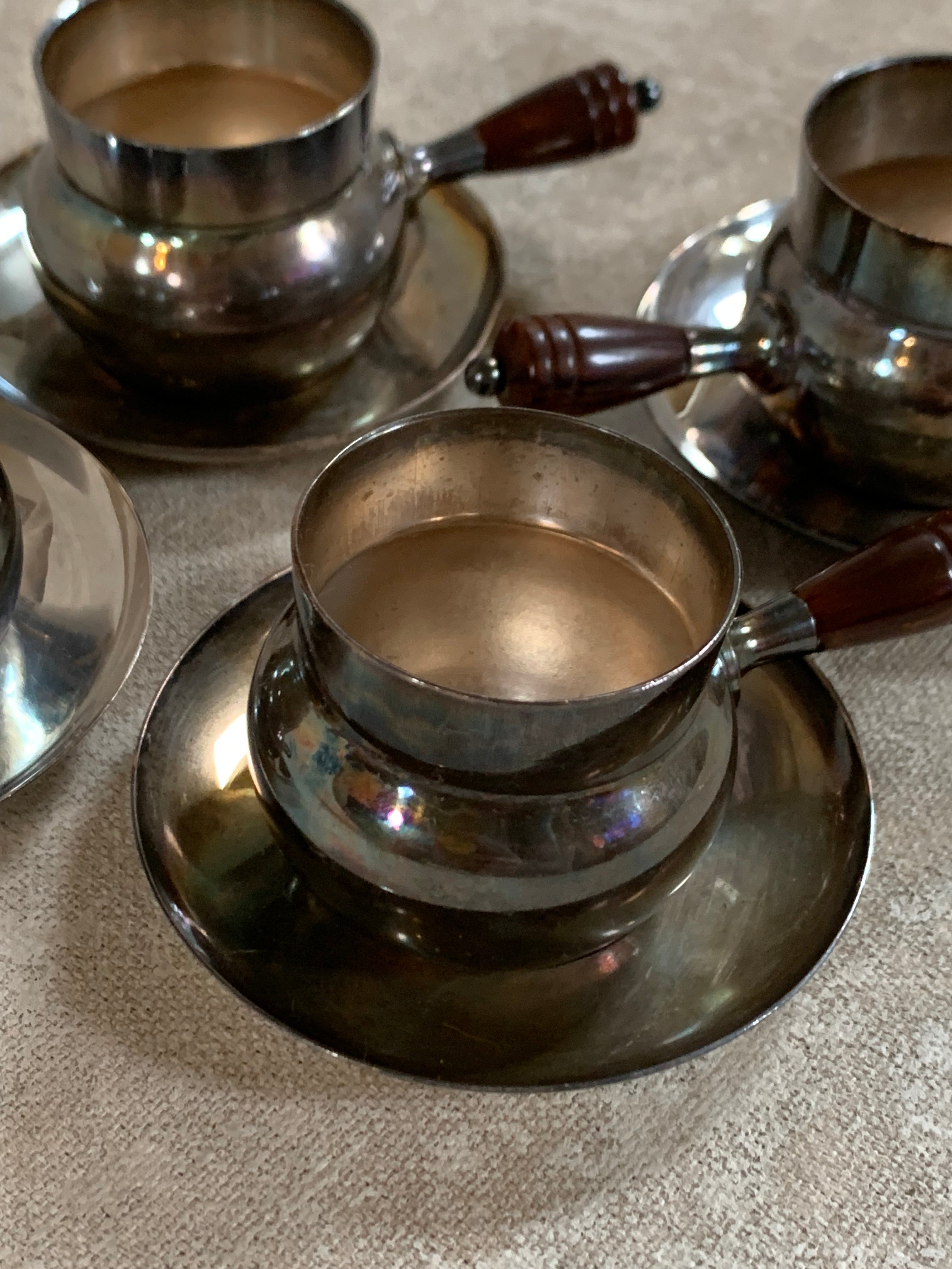 Set of Four French Silver-Plated Bouillon Cups with Wooden Handles and Saucers