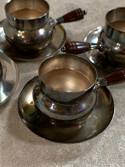 Set of Four French Silver-Plated Bouillon Cups with Wooden Handles and Saucers
