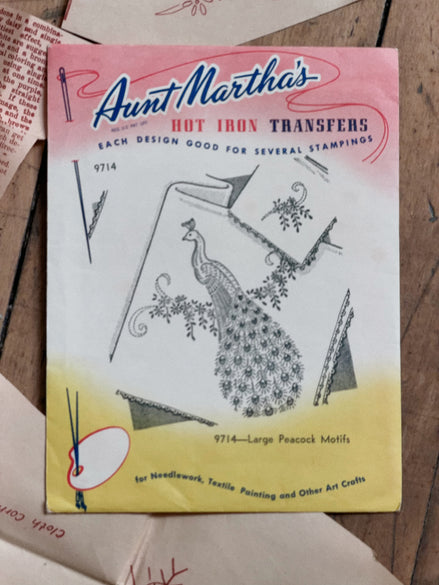 Vintage Aunt Martha's Hot Iron Transfer #9714 "Large Peacock Motifs," Peacock Embroidery Pattern for Pillowcases & Napkins
