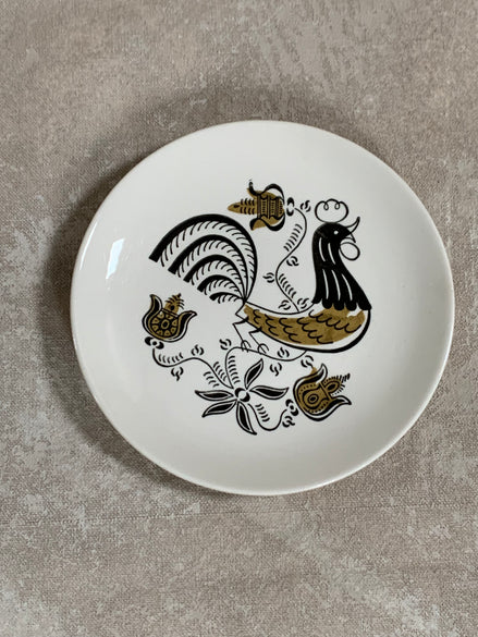 Mid-Century Folk Art Rooster Plate | Black & Mustard Gold Transfer | Pennsylvania Dutch Motif | Salad Plate | Farmhouse Decor | American Dinnerware | circa 1950s–1960s