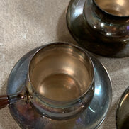 Set of Four French Silver-Plated Bouillon Cups with Wooden Handles and Saucers