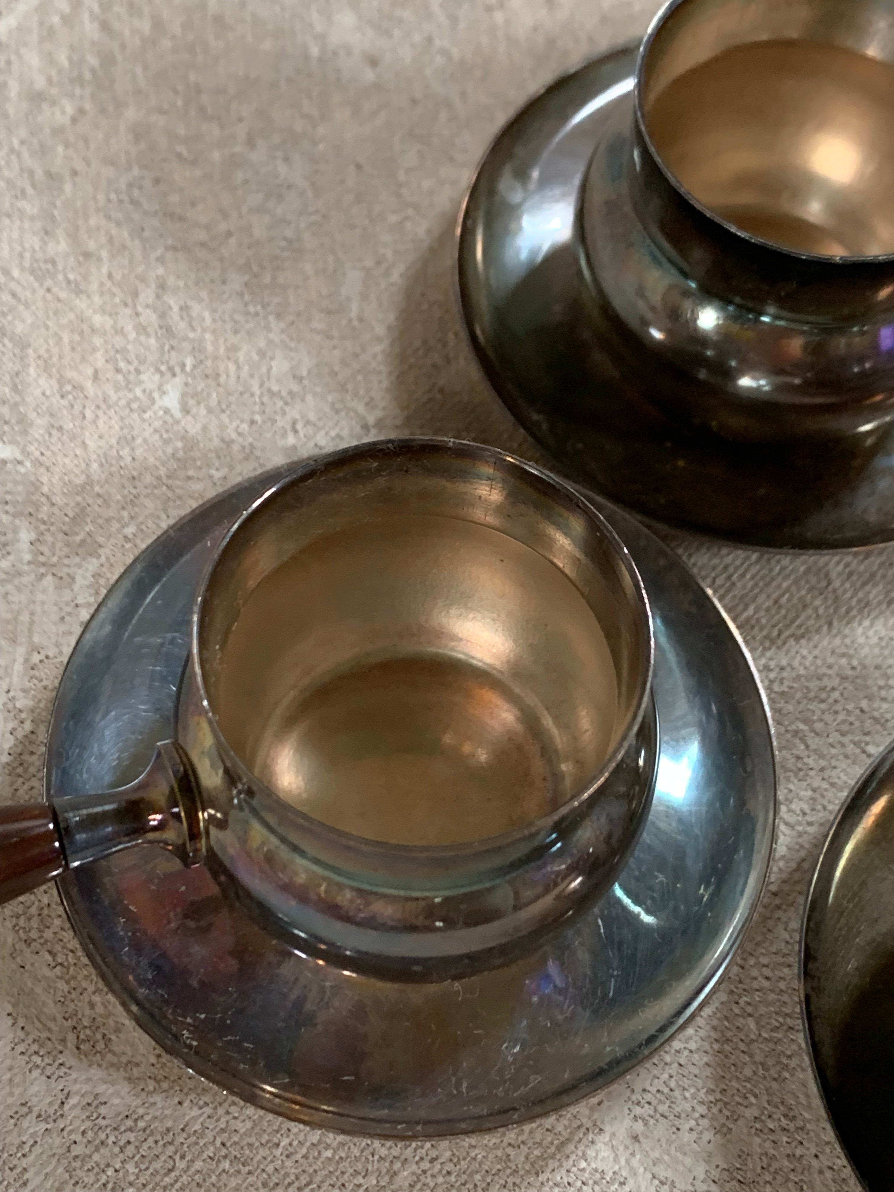 Set of Four French Silver-Plated Bouillon Cups with Wooden Handles and Saucers
