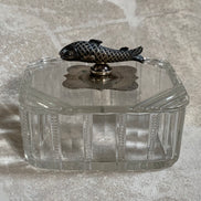 Victorian Pressed Glass Covered Box | Silver Plate Fish Finial Lid | Engraved Cartouche Mount | Octagonal Ribbed Body | circa 1880–1910 | Antique Tableware | Collector Glass