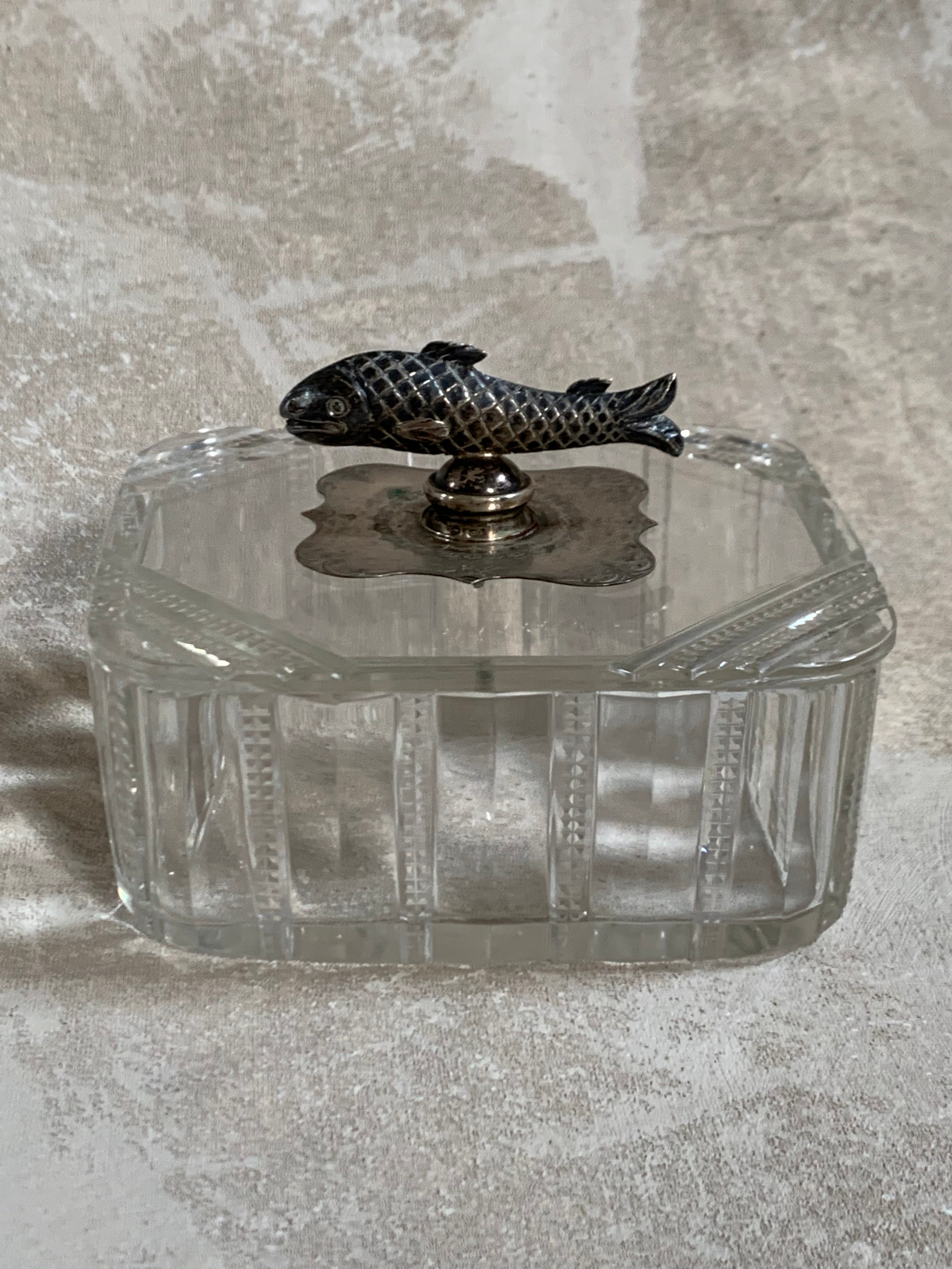 Victorian Pressed Glass Covered Box | Silver Plate Fish Finial Lid | Engraved Cartouche Mount | Octagonal Ribbed Body | circa 1880–1910 | Antique Tableware | Collector Glass