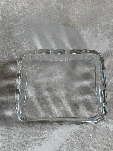 Victorian Pressed Glass Covered Box | Silver Plate Fish Finial Lid | Engraved Cartouche Mount | Octagonal Ribbed Body | circa 1880–1910 | Antique Tableware | Collector Glass