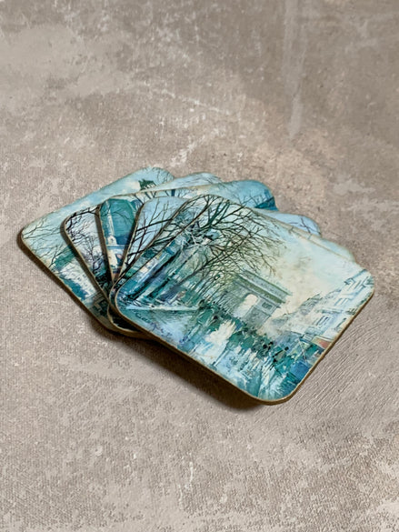 Set of 6 Vintage Paris Coasters | Impressionist Cityscape Reproductions | Signed Georges B. | Notre-Dame Eiffel Tower Moulin Rouge | Mid-Century French Souvenir | Cork Back