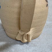 Hand-Thrown Stoneware Pitcher | Cobalt Blue Folk Botanical | Ruffled Rim | American Studio Pottery | Buff Clay | Signed | 1970s–1990s Craft Revival