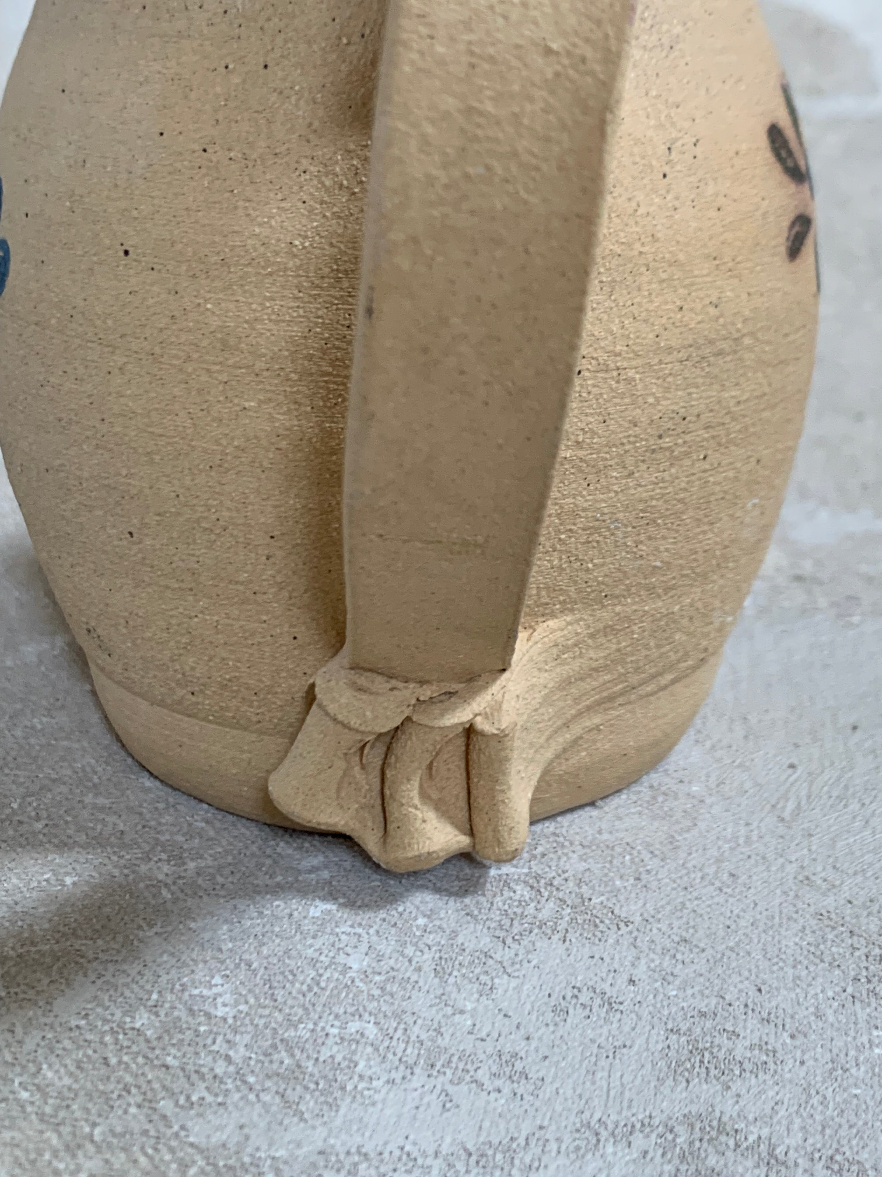 Hand-Thrown Stoneware Pitcher | Cobalt Blue Folk Botanical | Ruffled Rim | American Studio Pottery | Buff Clay | Signed | 1970s–1990s Craft Revival