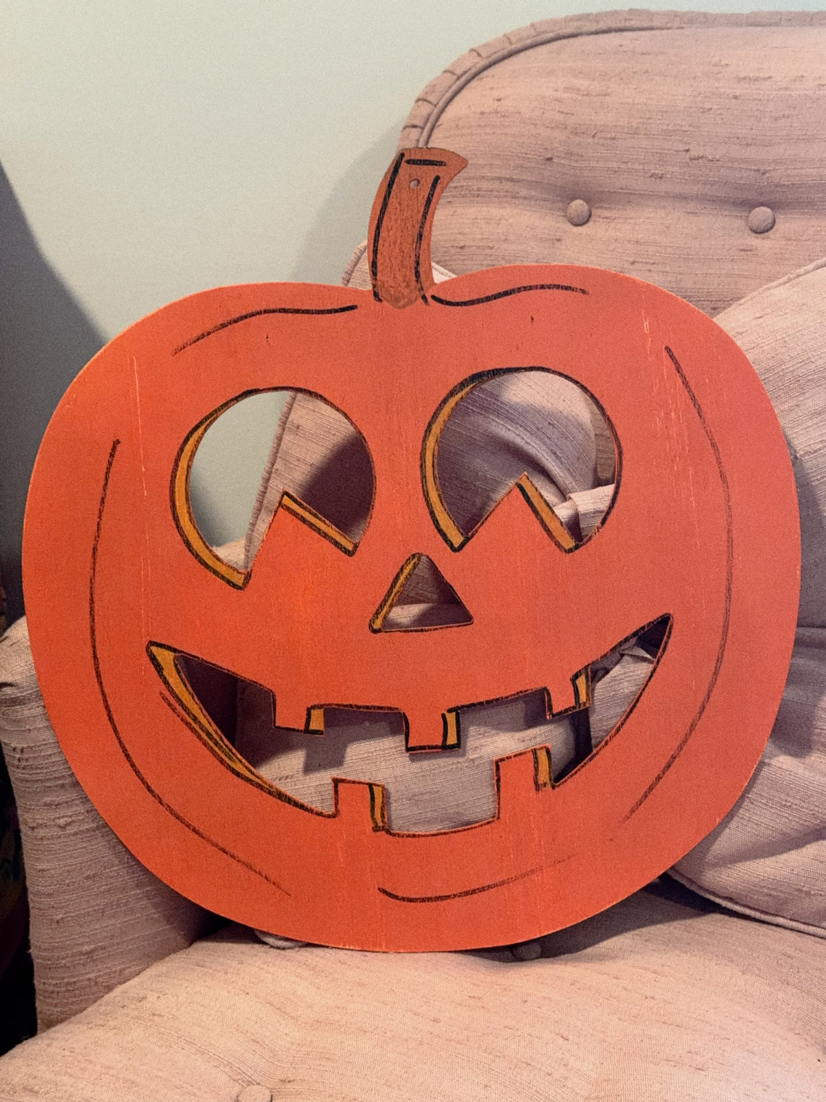 Handmade Wooden Jack-o'-Lantern Cutout, Hand-Painted Vintage Style