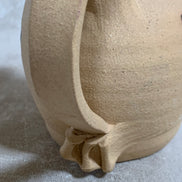 Hand-Thrown Stoneware Pitcher | Cobalt Blue Folk Botanical | Ruffled Rim | American Studio Pottery | Buff Clay | Signed | 1970s–1990s Craft Revival