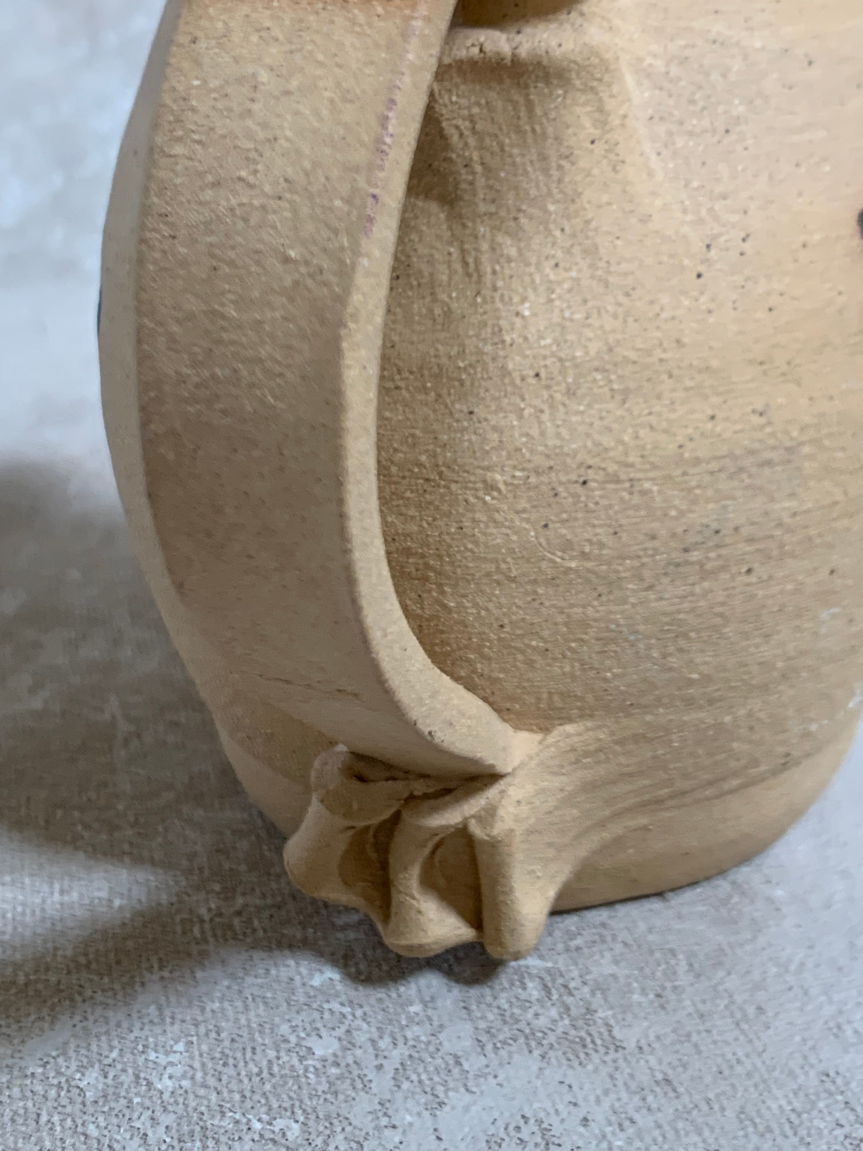 Hand-Thrown Stoneware Pitcher | Cobalt Blue Folk Botanical | Ruffled Rim | American Studio Pottery | Buff Clay | Signed | 1970s–1990s Craft Revival