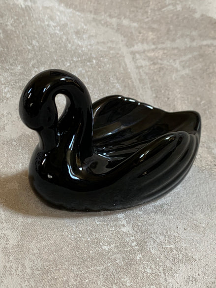 Vintage Black Gloss Ceramic Swan Soap Dish | Ring Holder | Mid-Century | High Gloss Black Glaze | circa 1940s–1960s | Vanity Decor | Bathroom Decor