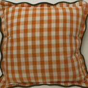 Orange Gingham Pumpkin Throw Pillow, Scalloped Green Trim
