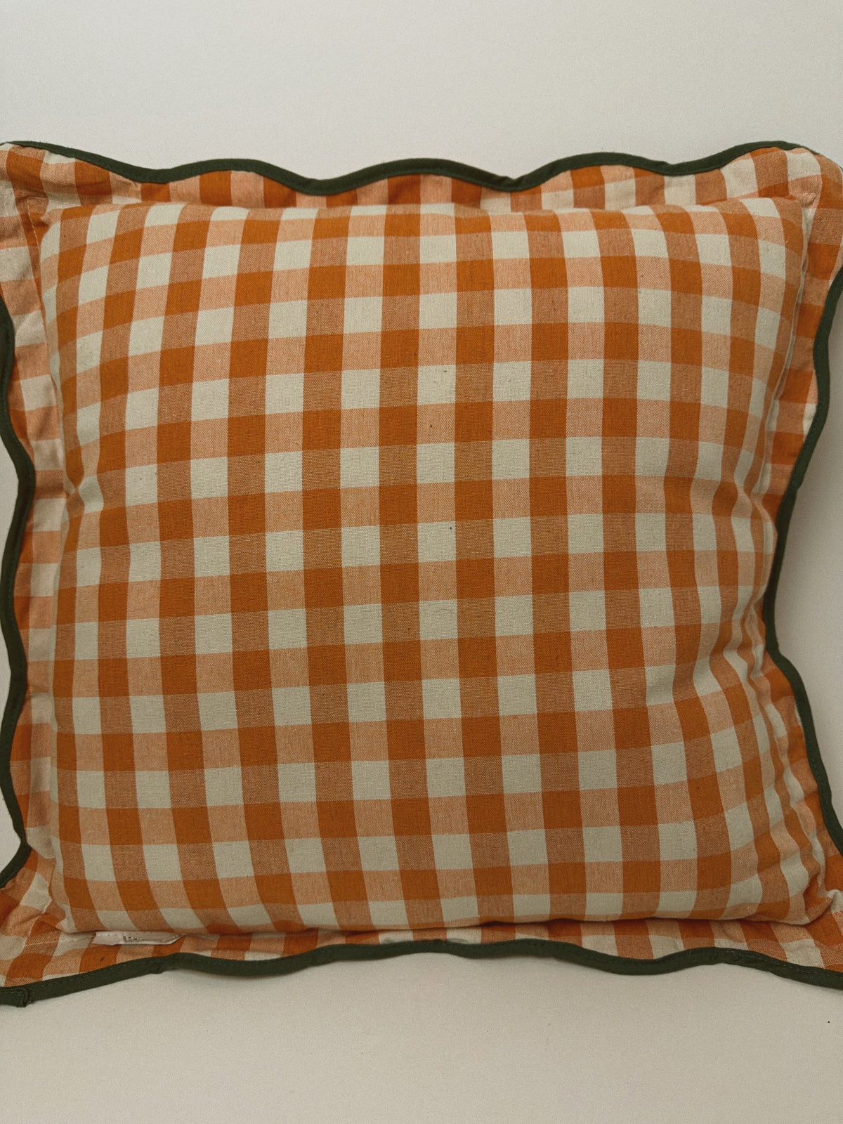 Orange Gingham Pumpkin Throw Pillow, Scalloped Green Trim