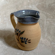 Hand-Thrown Stoneware Pitcher | Cobalt Blue Folk Botanical | Ruffled Rim | American Studio Pottery | Buff Clay | Signed | 1970s–1990s Craft Revival