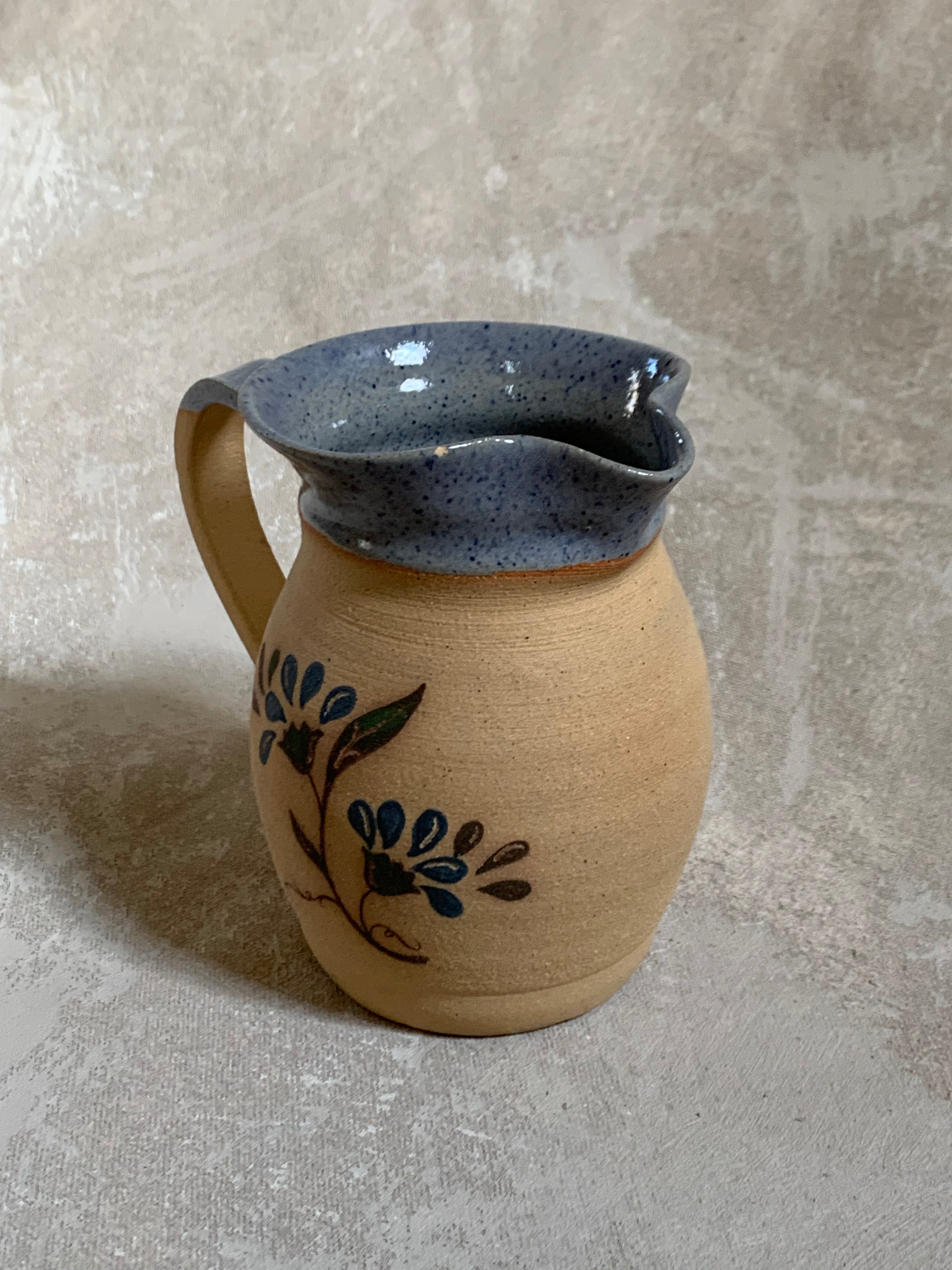 Hand-Thrown Stoneware Pitcher | Cobalt Blue Folk Botanical | Ruffled Rim | American Studio Pottery | Buff Clay | Signed | 1970s–1990s Craft Revival