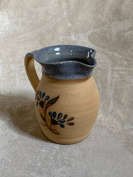 Hand-Thrown Stoneware Pitcher | Cobalt Blue Folk Botanical | Ruffled Rim | American Studio Pottery | Buff Clay | Signed | 1970s–1990s Craft Revival