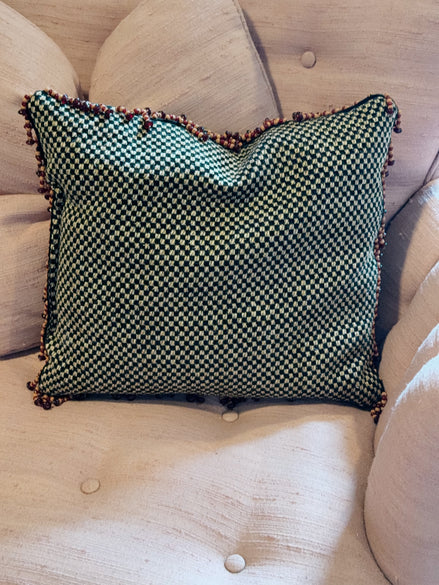 Vintage Green & Cream Checkerboard Chenille Pillow with Red Glass & Wood Bead Trim, 12.5" × 10.5"