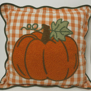 Orange Gingham Pumpkin Throw Pillow, Scalloped Green Trim