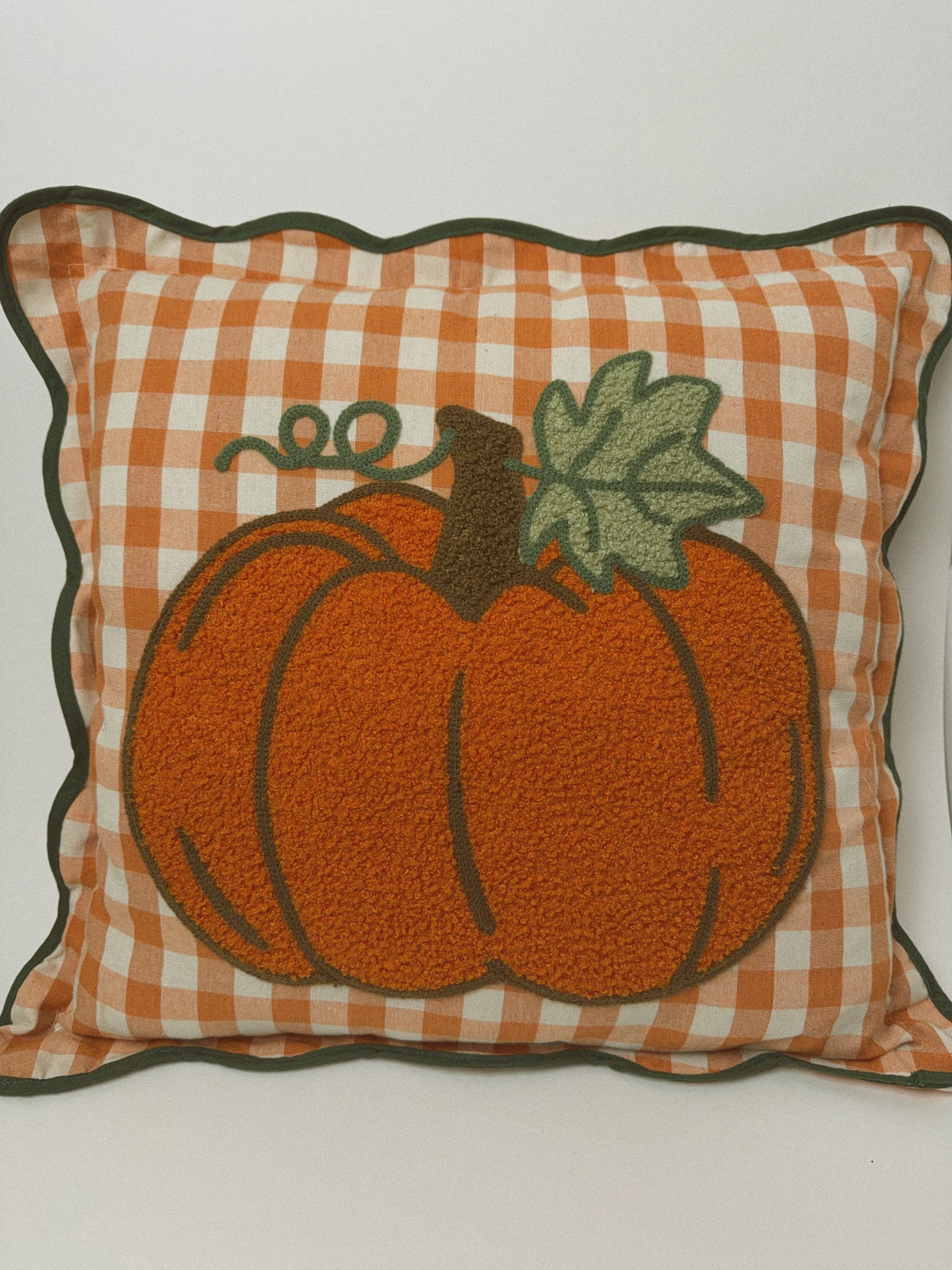 Orange Gingham Pumpkin Throw Pillow, Scalloped Green Trim
