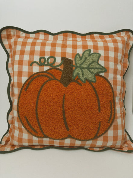 Orange Gingham Pumpkin Throw Pillow, Scalloped Green Trim