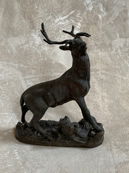 Antique Spelter Bellowing Stag Figurine | French Animalier Style | circa 1880–1910 | Dark Patina Cast Metal | Naturalistic Rocky Base | European Wildlife Sculpture | Mantel Decor