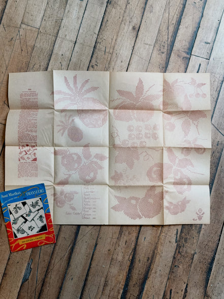 Vintage Aunt Martha's Hot Iron Transfer #9360 "Fruit Motifs in Cross Stitch," Uncut Tea Towel Embroidery Pattern