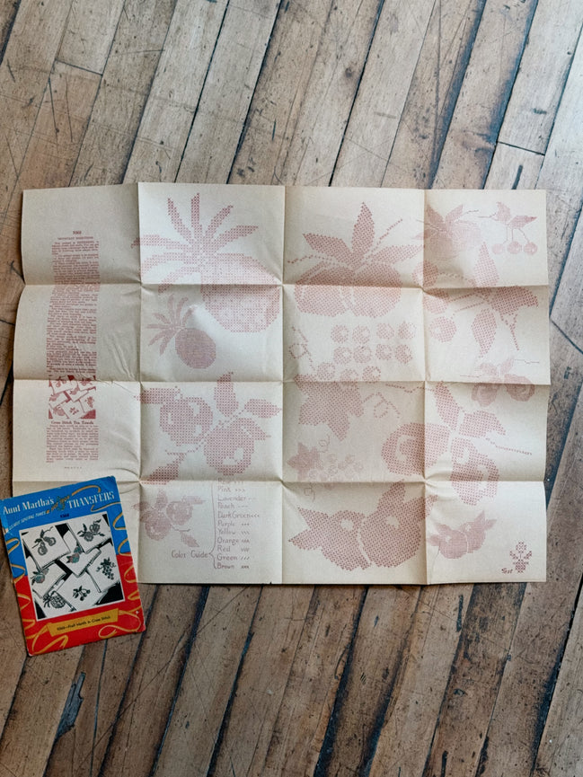 Vintage Aunt Martha's Hot Iron Transfer #9360 "Fruit Motifs in Cross Stitch," Uncut Tea Towel Embroidery Pattern
