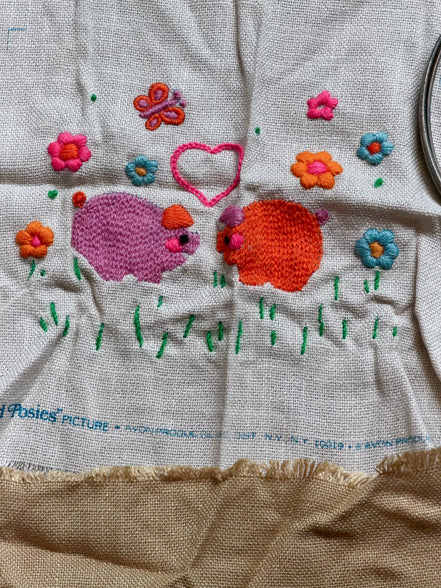 Vintage Avon Creative Needlecraft Crewel Embroidery Kits, Noah's Ark & Piglets and Posies, Started, Set of 2 with Hoops & Yarn