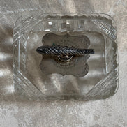 Victorian Pressed Glass Covered Box | Silver Plate Fish Finial Lid | Engraved Cartouche Mount | Octagonal Ribbed Body | circa 1880–1910 | Antique Tableware | Collector Glass