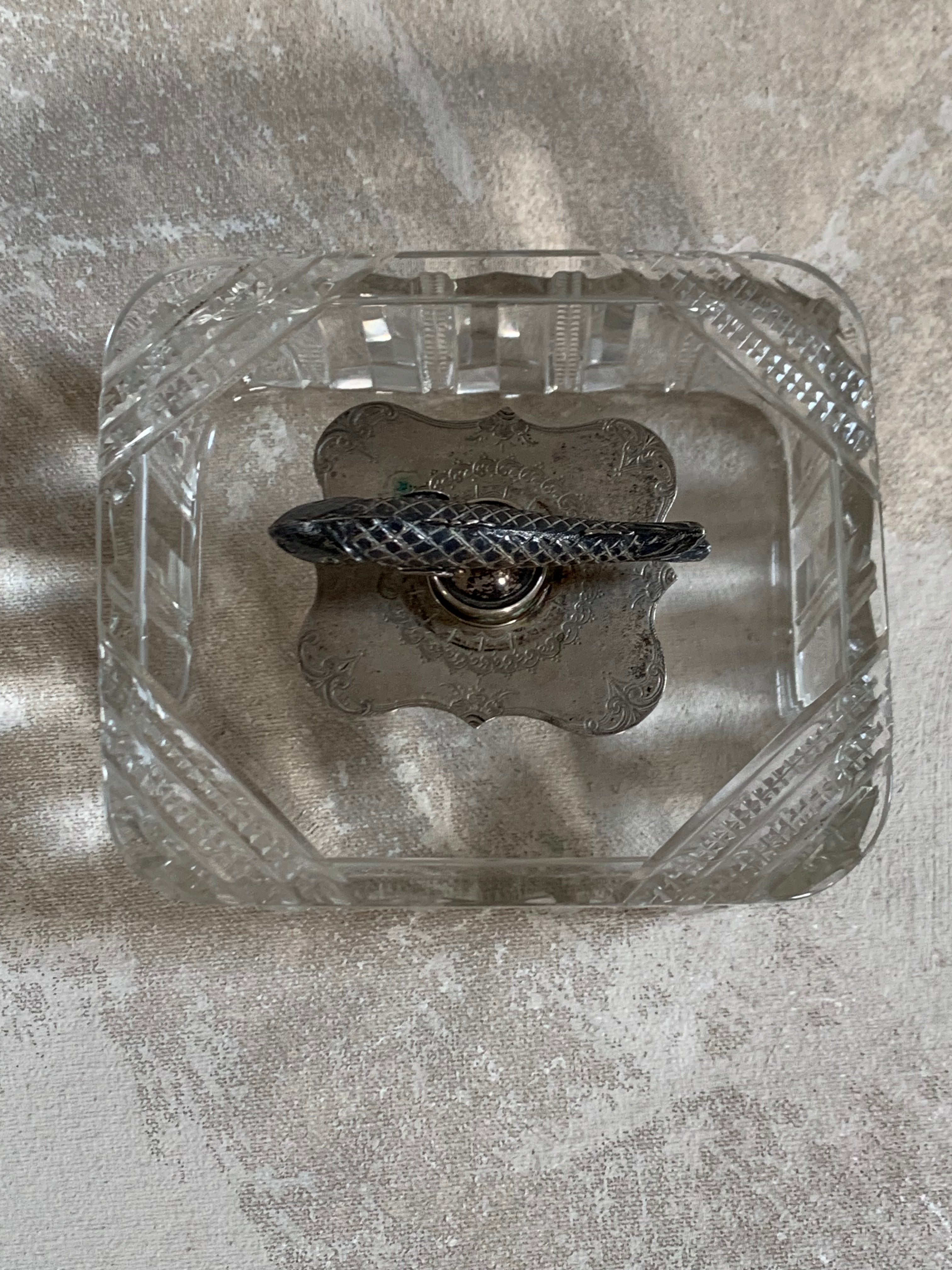 Victorian Pressed Glass Covered Box | Silver Plate Fish Finial Lid | Engraved Cartouche Mount | Octagonal Ribbed Body | circa 1880–1910 | Antique Tableware | Collector Glass