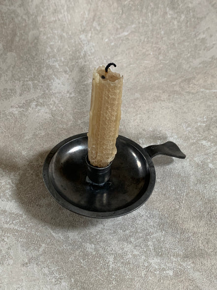 Antique Pewter Chamber Candlestick | Paddle Handle | Drip Tray | Struck Touch Mark | Taper Candle Holder | Colonial Style | American or English Pewter