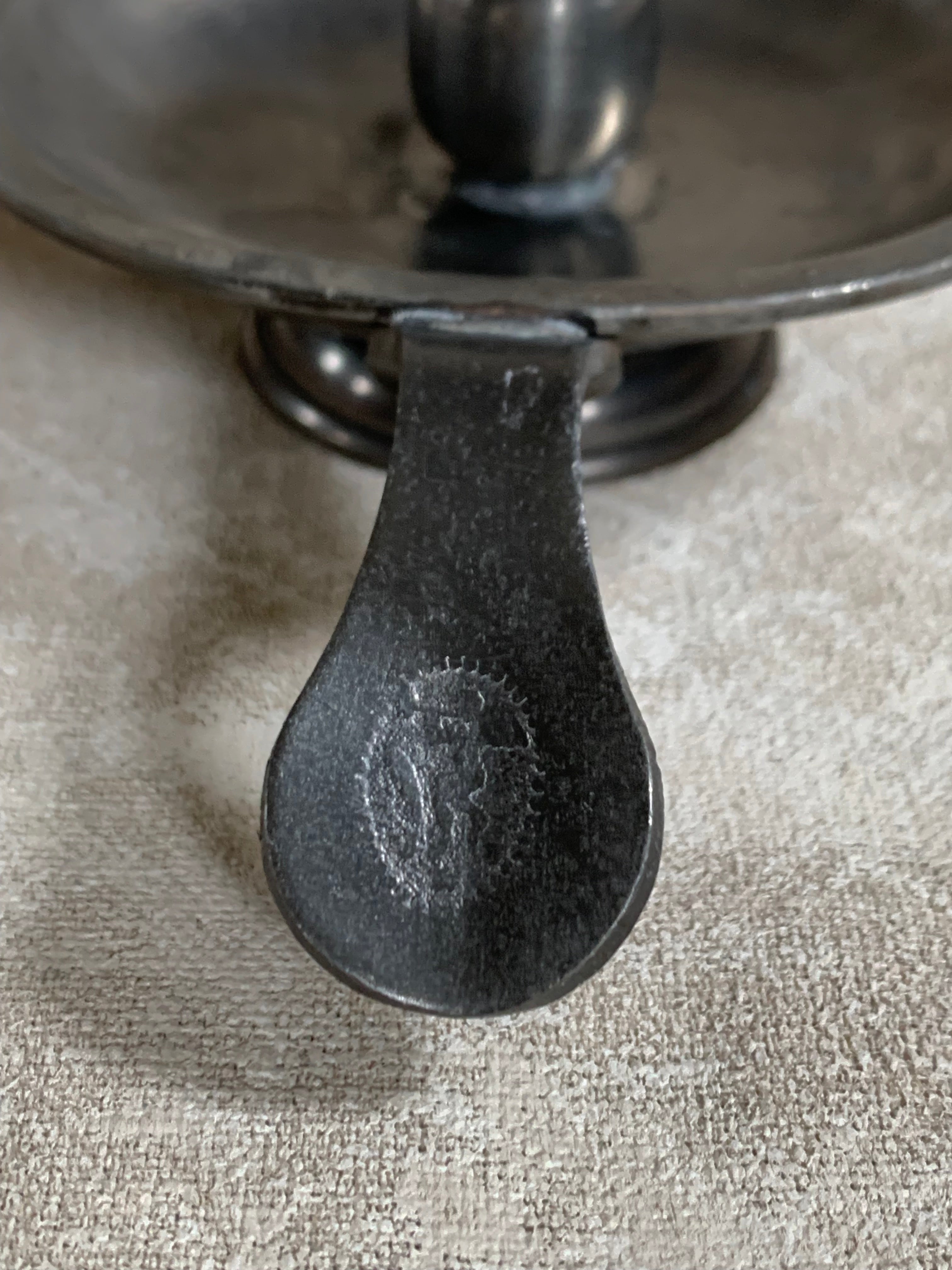 Antique Pewter Chamber Candlestick | Paddle Handle | Drip Tray | Struck Touch Mark | Taper Candle Holder | Colonial Style | American or English Pewter