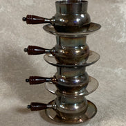 Set of Four French Silver-Plated Bouillon Cups with Wooden Handles and Saucers